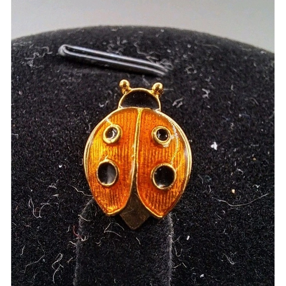 Vintage Avon Lady Bug Gold Tone Metal Enamel Lapel Pin Tie Tack Orange Black